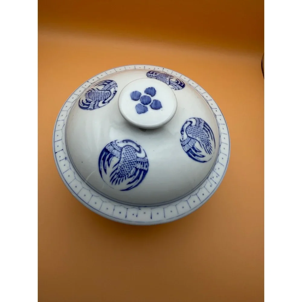 Vintage Chinese Blue and White Porcelain Lidded Bowl Crane Phoenix Motif 7 Inch